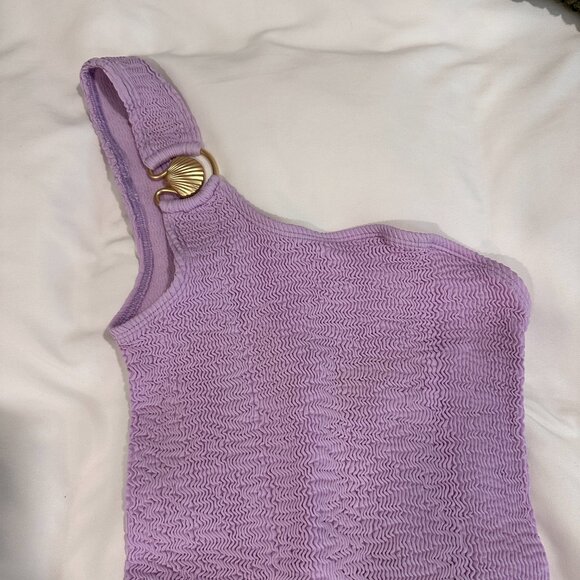 Light Purple One Shoulder Body Con Dress with Gold Shell - Pacific Mini Dress - Picture 8 of 10